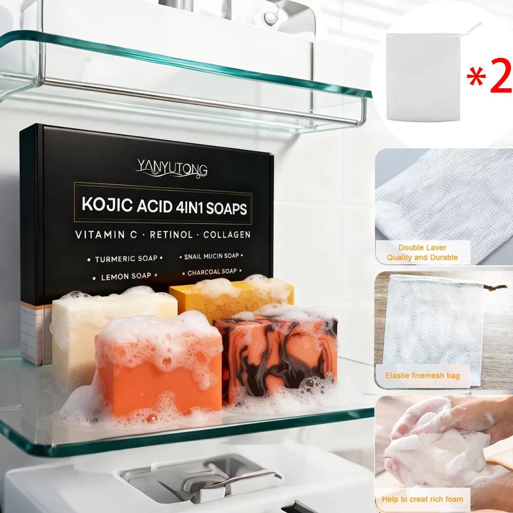 

A handmade gift set of 4 natural lemon, turmeric, charcoal, snail mucus, soap bars + foaming net, suitable for all skin types.