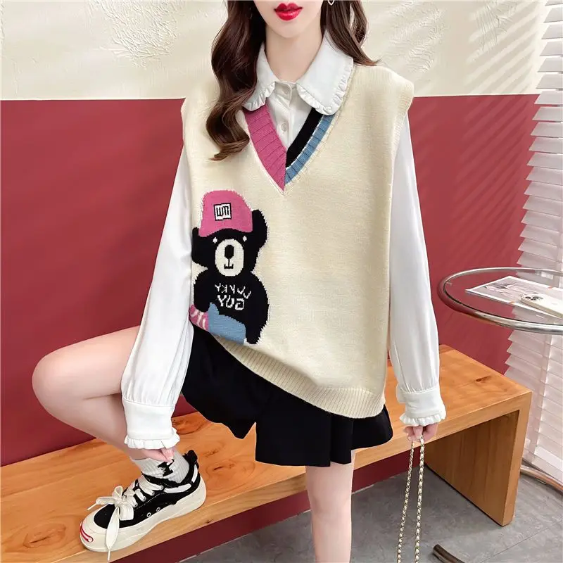 Women College Style Sweet Kawaii Cartoon Streetwear Sleeveless Knitted Sweater Vest Trendy Y2K V Neck Loose Outerwear Waistcoat