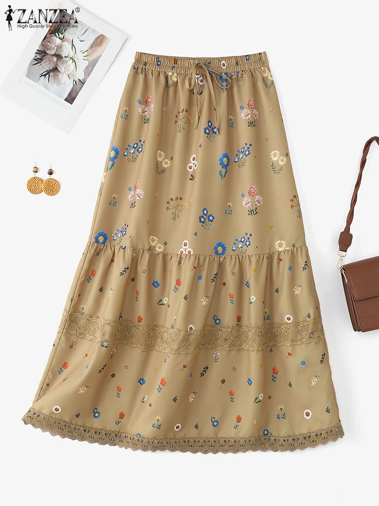 Zanzea moda feminina saias longas 2025 outono rendas babados floral impressão maxi bottoms cintura elástica jupes boêmio faldas saia
