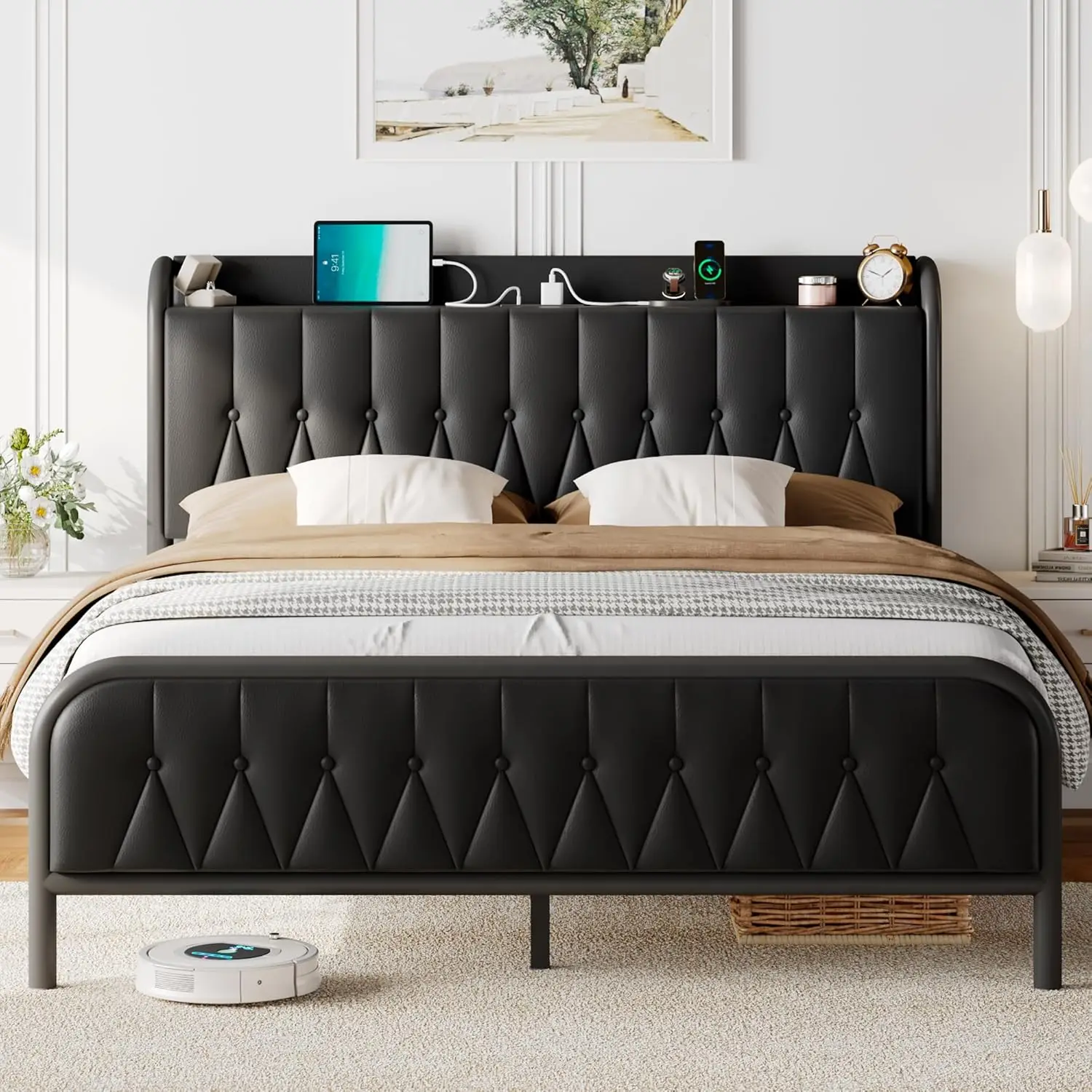 

Leather Full Size Bed Frame with Fast Charging Station,Full Metal Platform Beds with Upholstered Headboard & Footboard