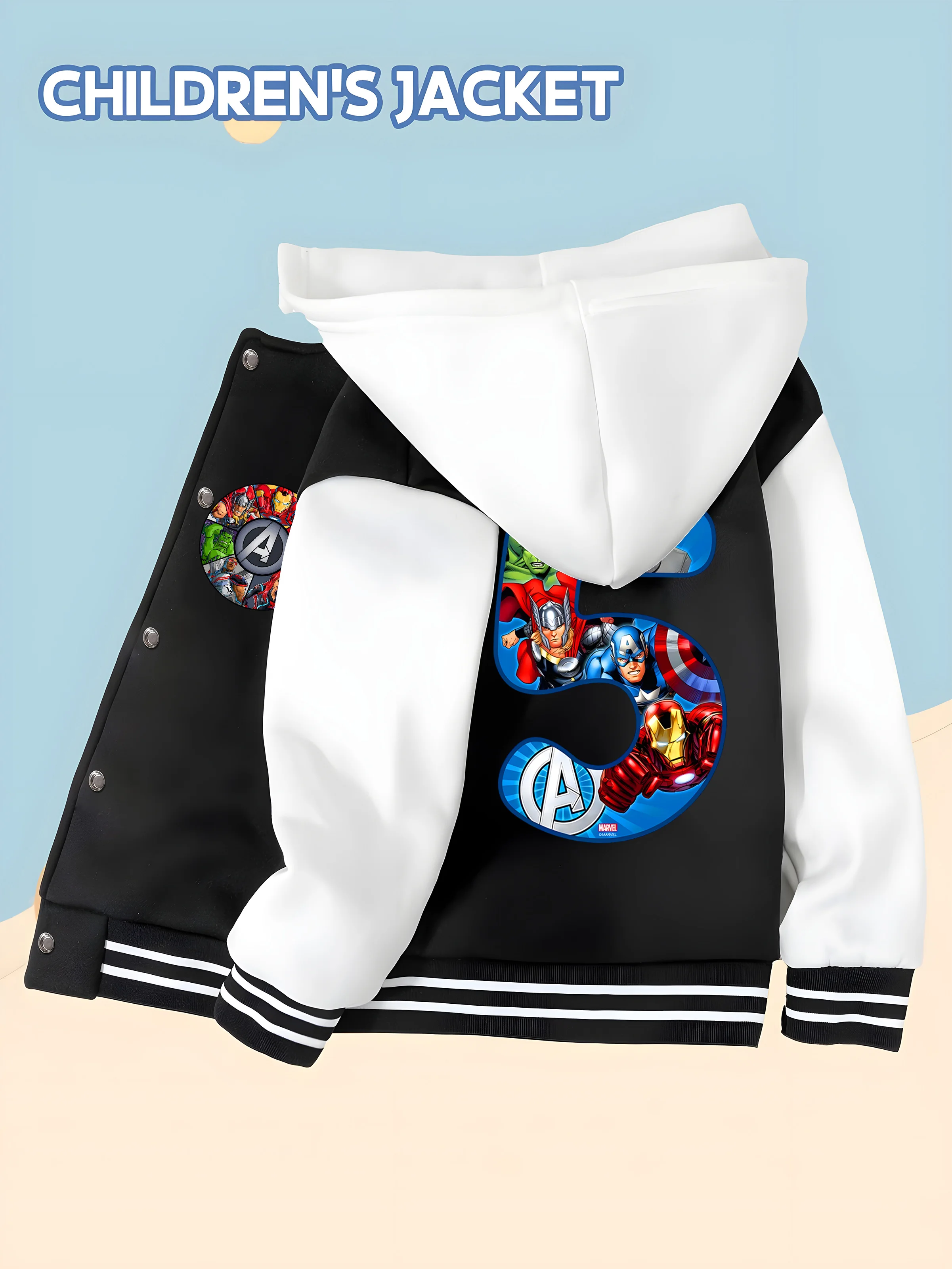 

MINISO Marvel Boys' Baseball Jacket - Avengers Hero Print, Double-sided Pattern, Comfortable Fabric, Black and White, Fashionabl