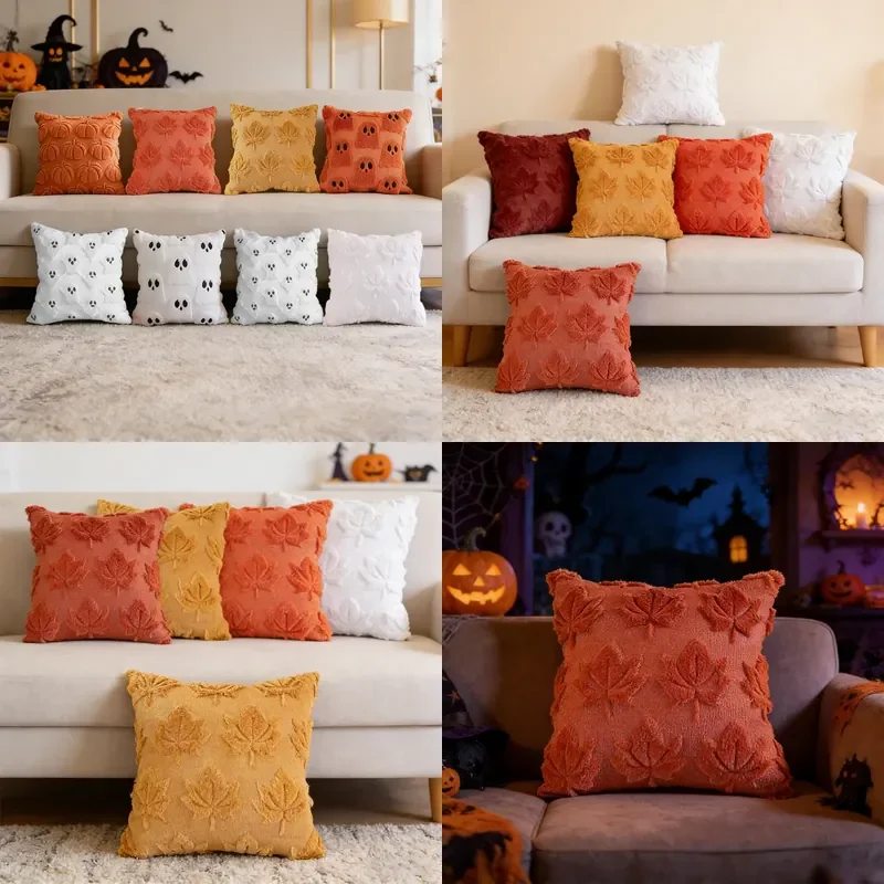 Cross-border Halloween Premium Sense Ghost Pillow Cushion Cover Living Room Sofa Decoration Bat Skull Plush Pumpkin