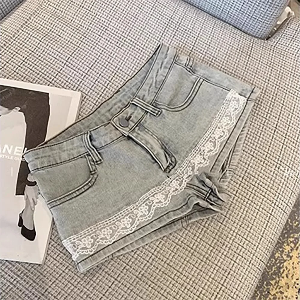 

Y2k Lace Splicing Denim Shorts Skirts Women's Summer Retro Washed Low Waist Skinny A-Word Buttocks Skirts Culottes