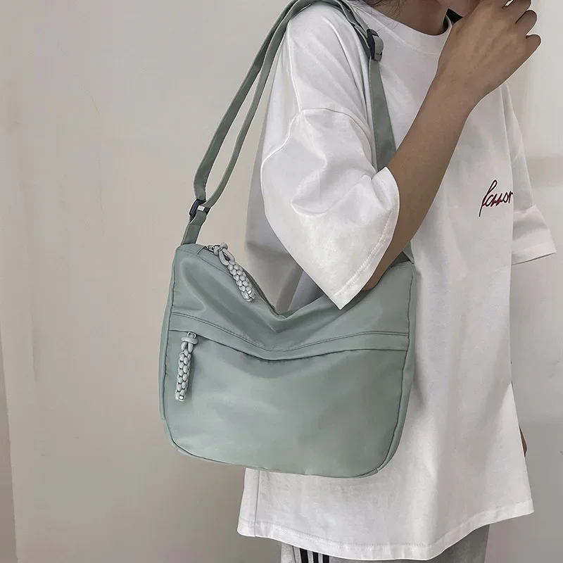 Nylon Wheat Zipper Shoulder Bag Women Minimalism Daily Commuter Crossbody Bag Student Class Large Capacity Normcore Tote Bag