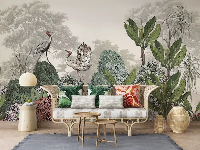 Watercolor Chinoiserie Design Tropical Wallpaper, Tropical Forest And Cranes Removable, Customizable Wall Mural. Living Room, Be