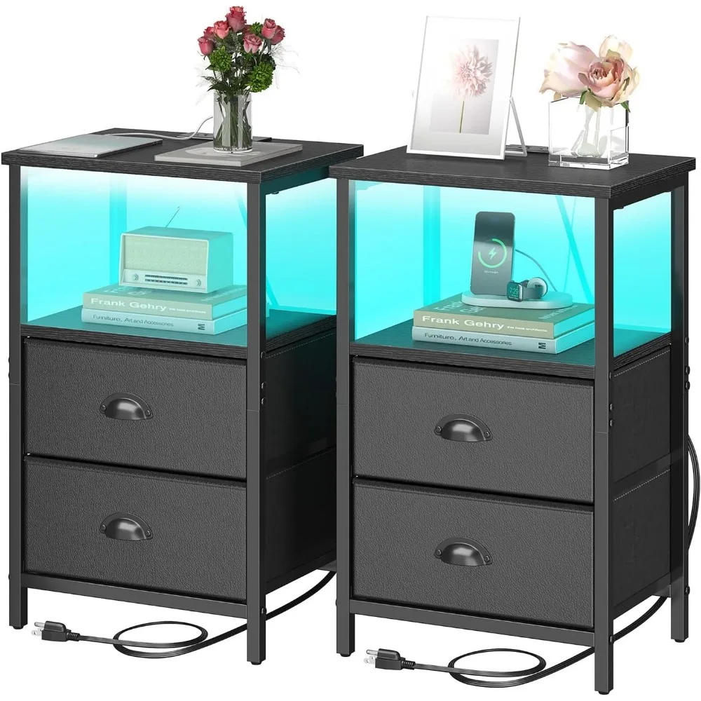 

Nightstand with Charging Station, LED Night Stand Set 2, Bedside Table End Table Set of 2, Bedroom Table with 2 Fabric Drawers P