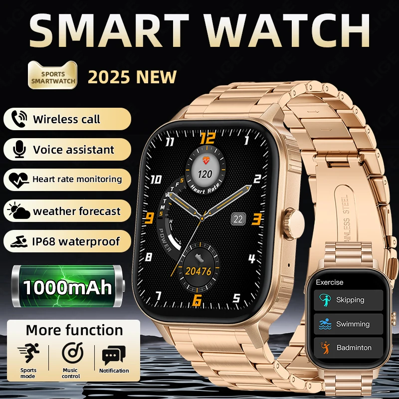 

LIGE New Smart Watch Men Women 1000mah Large Battery 2.04'' HD Screen Bluetooth Call Sport Waterproof Smartwatch For Android IOS