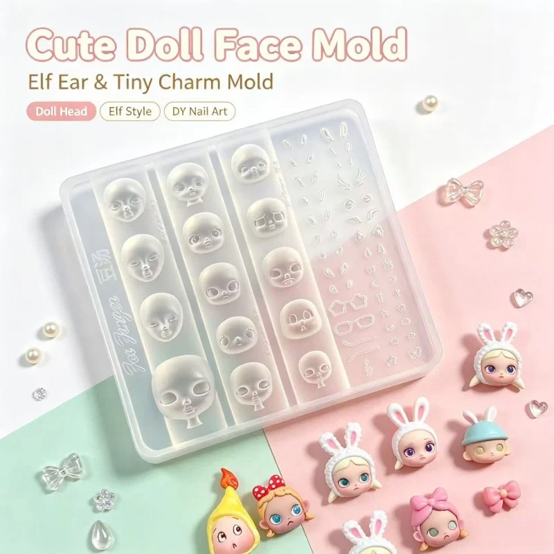 Mini Doll Head Face Sculpting Silicone Mold with Elf Ear Parts