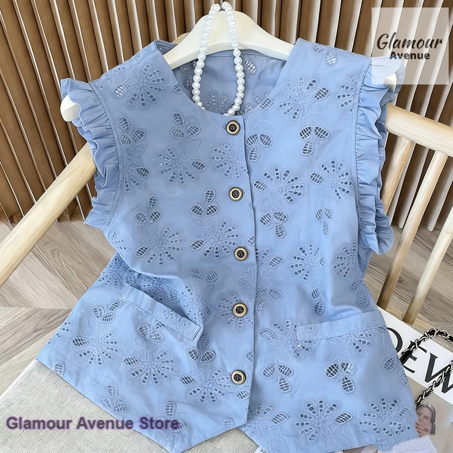 Korean-style wooden ear pleated stitching sleeveless shirt women's summer fashion sweet aging single-breasted casual Joker vest