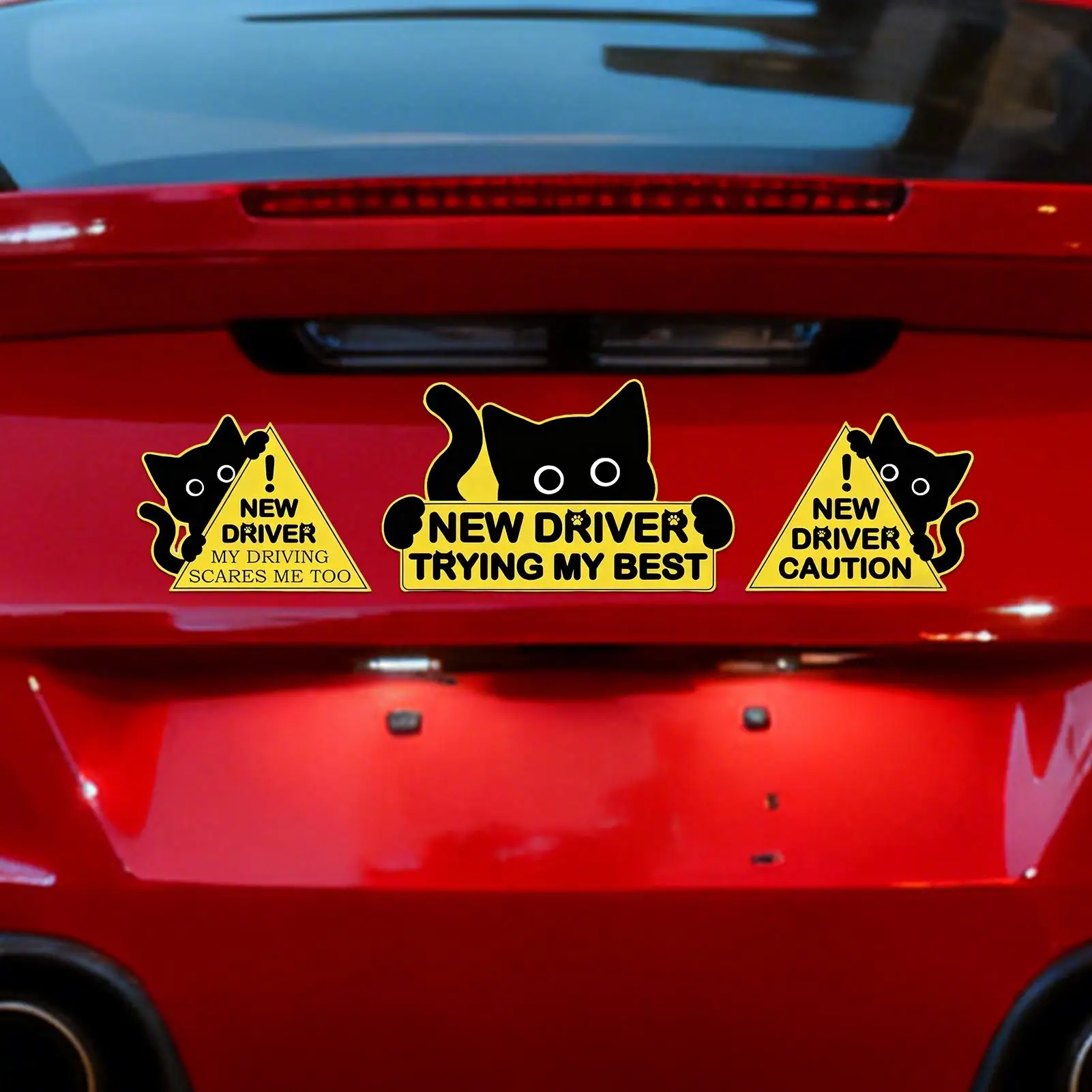 Student Driver Sticker 3 Pieces Black Cat Auto Decals Vehicle Decoration Decals For Drivers Road Trips Daily Commuting Outdoor