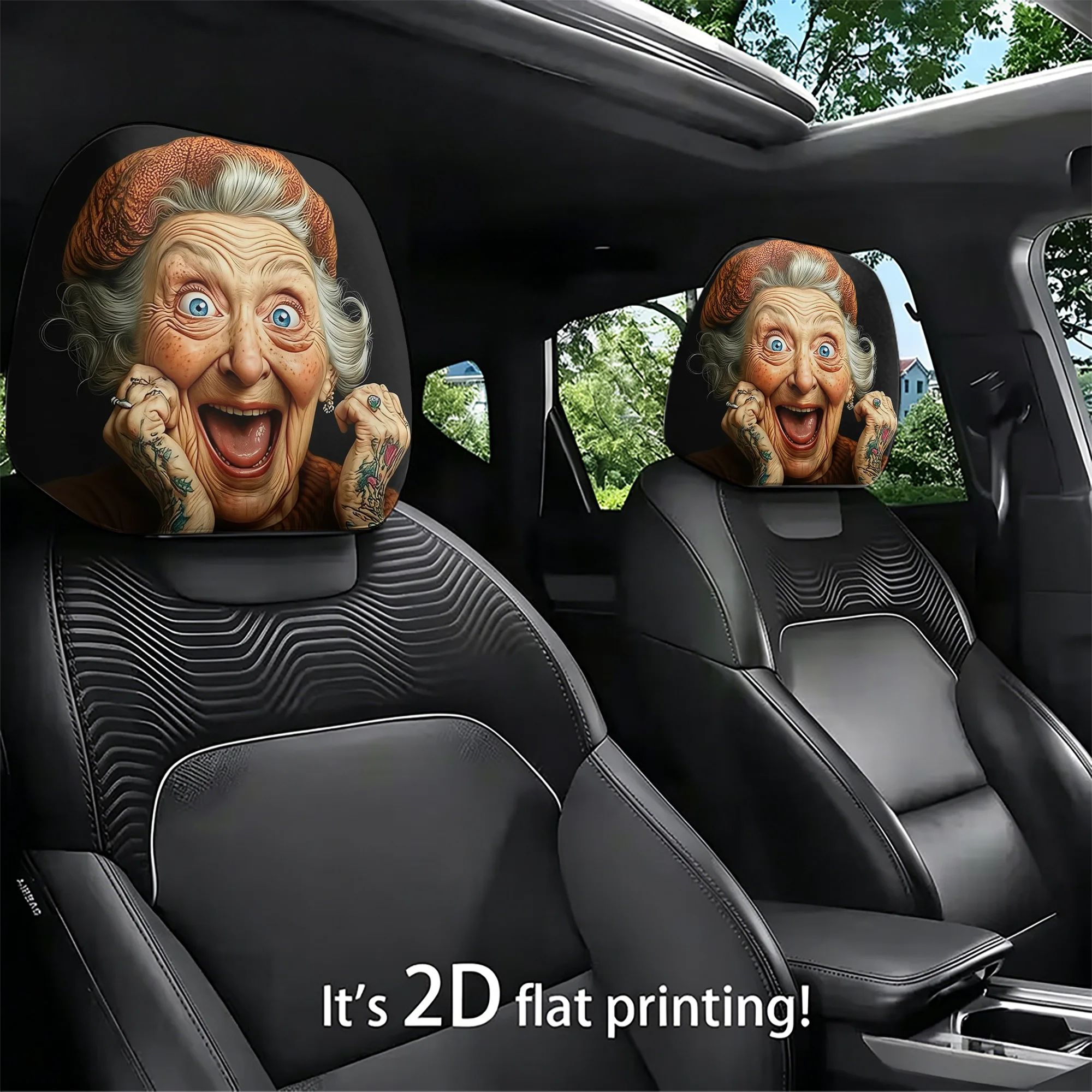 2pcs funny “tattooed granny” car headrest covers to add a quirky and bold style to your car interior. Easy to install.