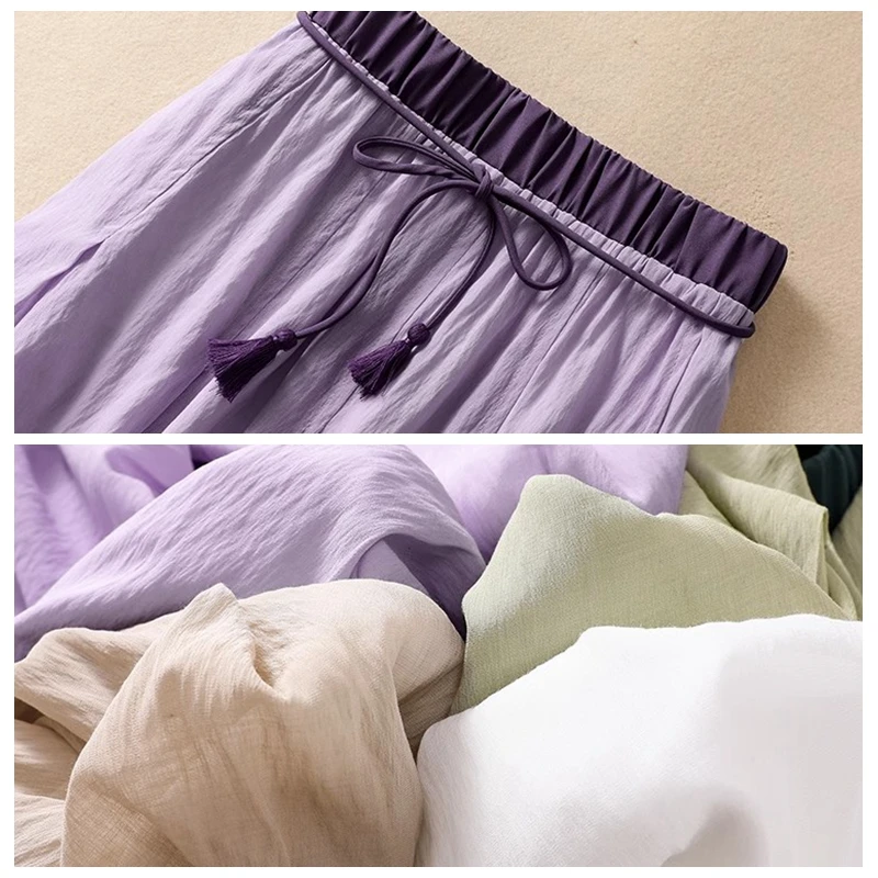 กระโปรงยาวผ้าฝ้ายและผ้าลินินวินเทจของผู้หญิงกระโปรงทรงหลวมเอวสูงแบบลำลองเย็บปะต่อกันกระโปรงแกว่งขนาดใหญ่