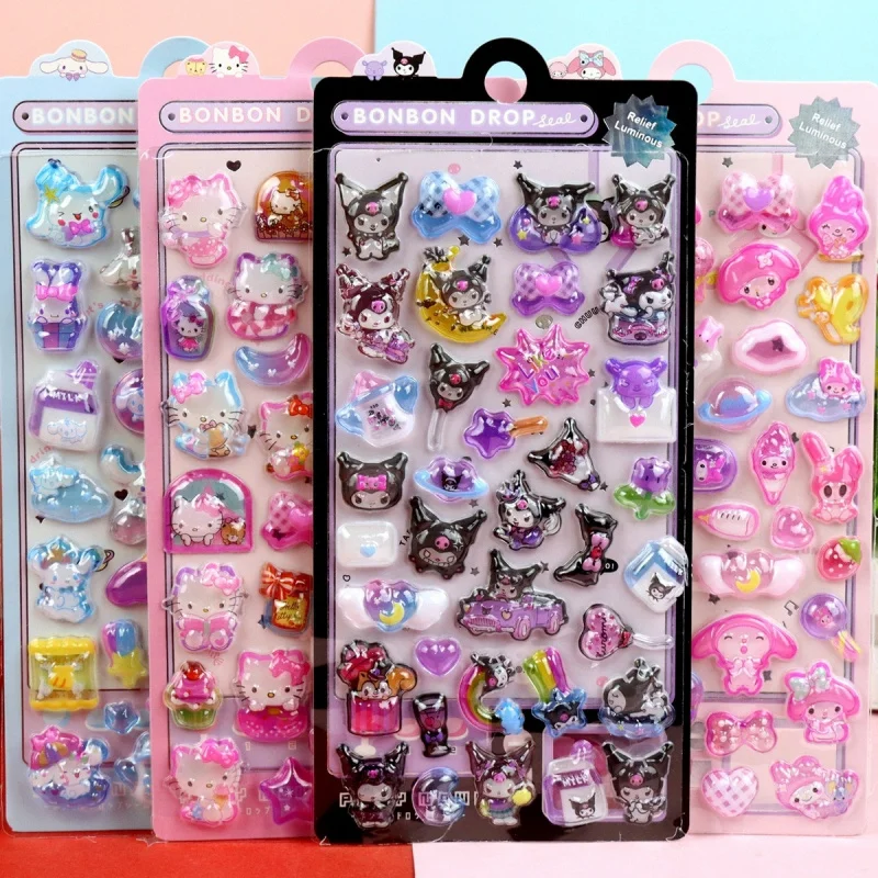Autocollants en relief 3D Hello Kitty qui brillent dans le noir, autocollants de récompense scolaire Kuromi et My Melody, cadeaux de fête, cadeaux d'anniversaire.