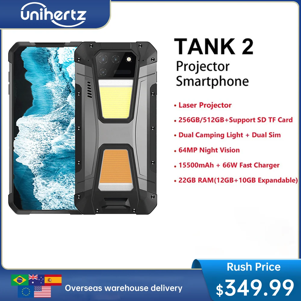 Unihertz 8849 tank 2 waterproof projector smartphone up to 256/512GB Rugged Cellphone 64MP Super night vision 15500mAh phone