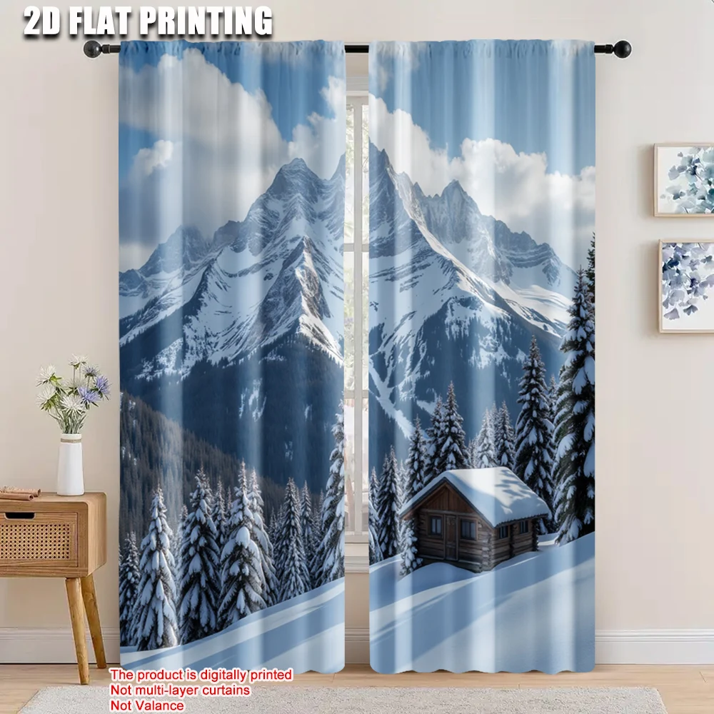 

2pcs, 2D flat printing Party Curtain Country Hill House Durable Polyester,Without Electricity Holiday Decorations Use for Indoor