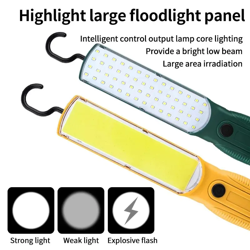 LED COB Torch Work Light Portable Auto Repairing Lamp Rechargeable Camping Lantern Handheld Floodlight With Magnet & Hook