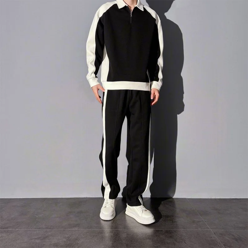 2pcs Setelan Sweatshirt dan Celana Olahraga Korea Warna-Blok Musim Semi dan Gugur, Celana Kasual Elastis Nyaman dan Longgar untuk Pria