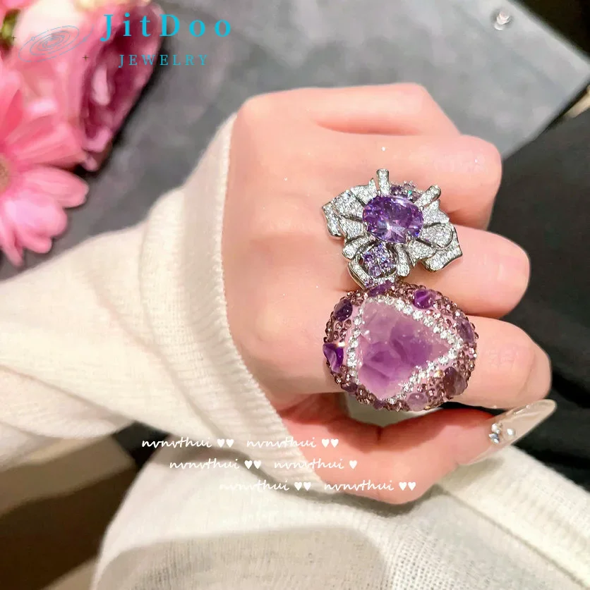 

JitDoo Vintage Jewelry Purple Flower Gem Women's Ring 18k Gold Plated Tanzanite Amethyst Zircon Rings Wedding Party Engagement