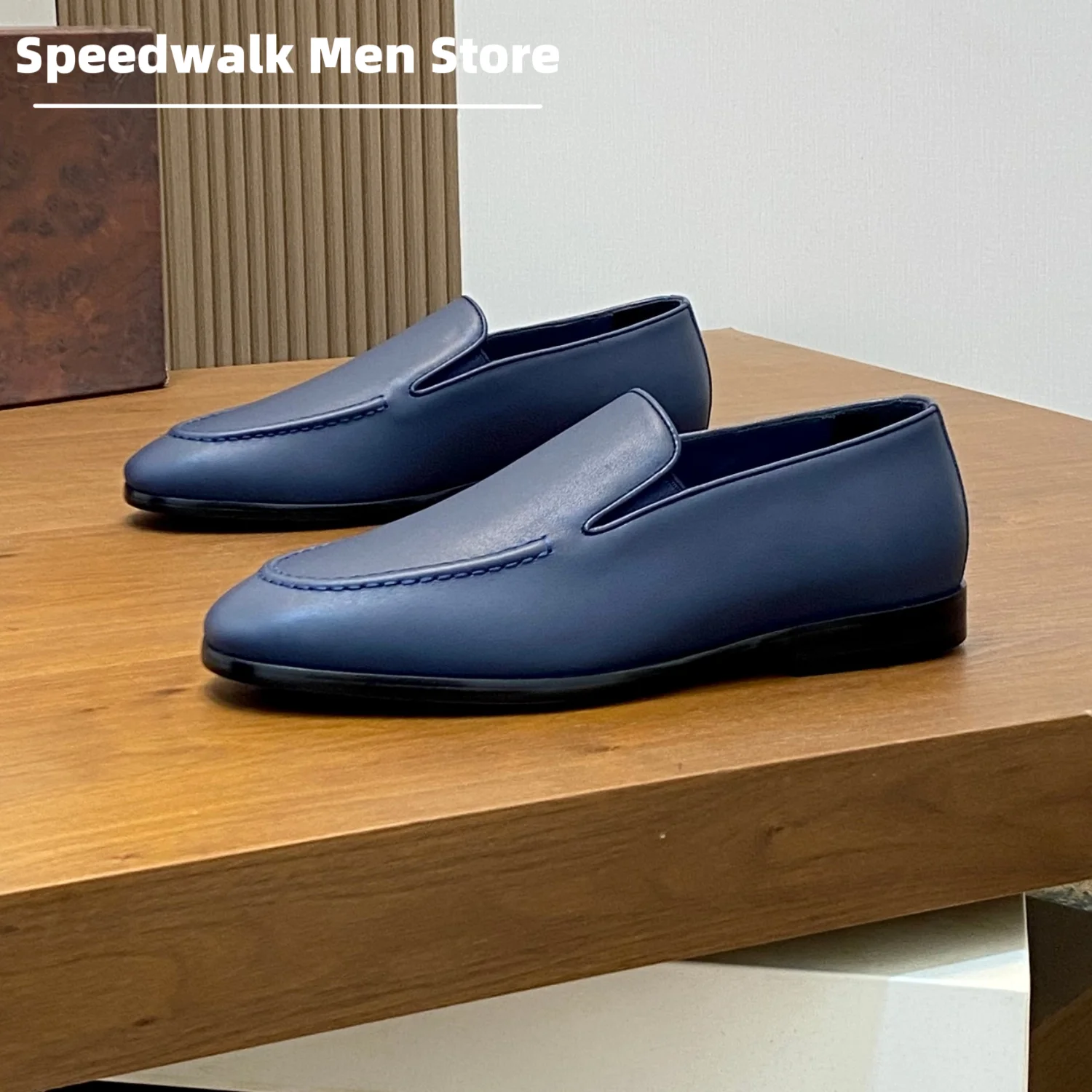 Men Slip On Premium Leather Loafers Hand Stitched V Cut Low Flat Sole Elegant Business Formal Wedding Daily Driving Shoes