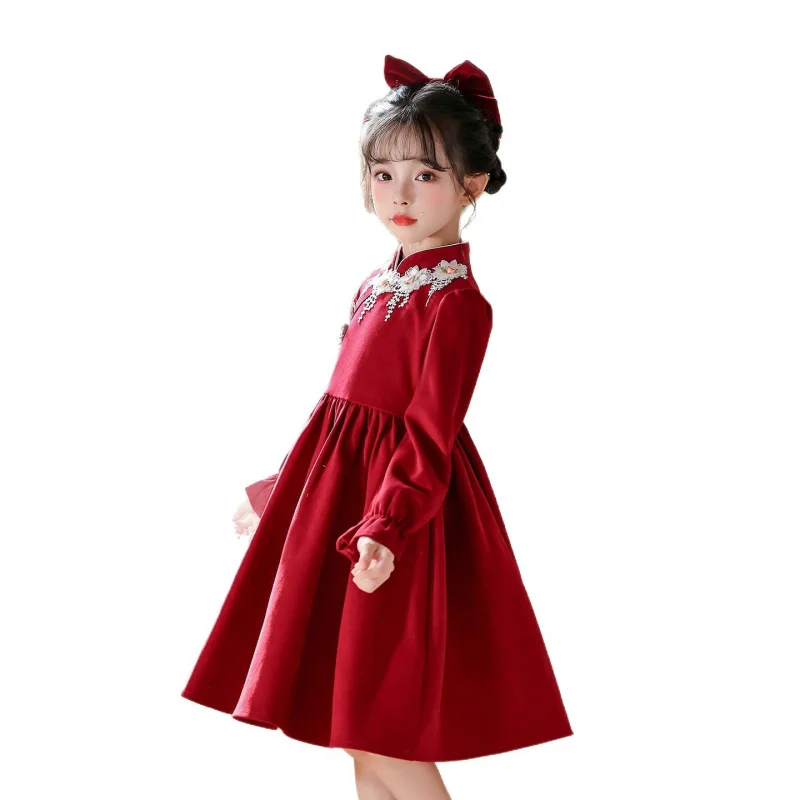 فستان الأميرة للفتيات 2025 فستان أطفال جديد نمط هانفو ملابس يومية لموسم الخريف والشتاء فستان شعور راقي