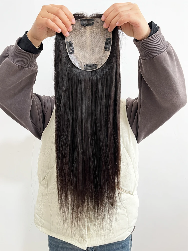 150% Dichtheid Zijden Basis Topper met PU Rond Dubbelgetrokken Echt Remy Menselijk Haar Toupetje voor Vrouwen 6x6" Zijden Top Haarstukjes - afbeelding 2