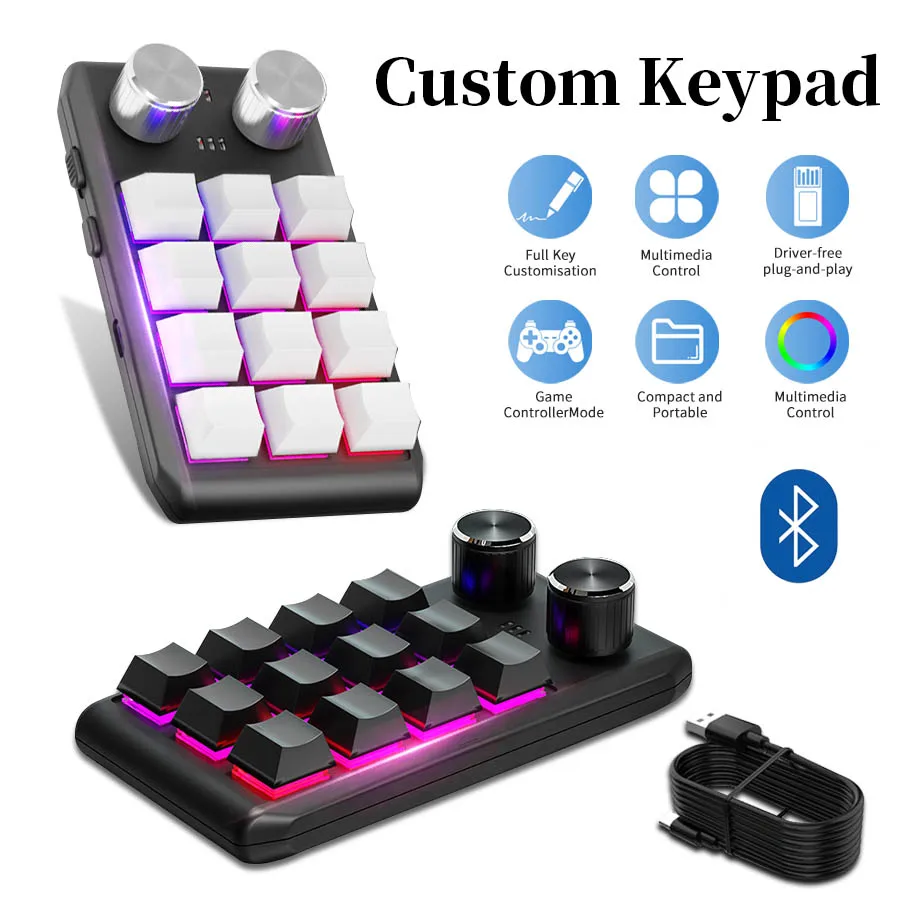 

Bluetooth Mini Keyboard Programming Macro Custom Keypad 12 Key 2 Knob RGB Copy Paste Drawing Gaming Mechanical Hotswap Macropad