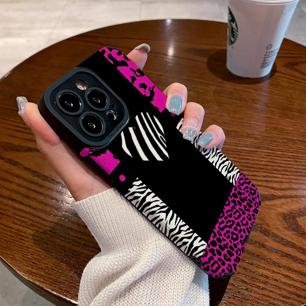 Creative Leopard Love Silicone Leather Case For iPhone 13 14 15 Pro Max Plus 11 12 Mini X XS XR 7 8 SE Shockproof Full Cover