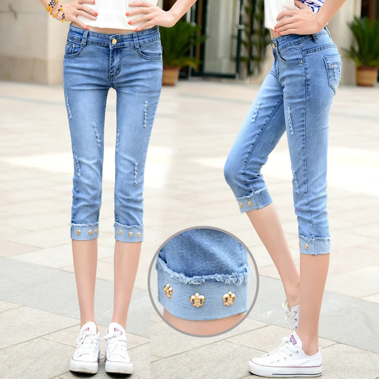 Women's Capris Jeans Pants Summer High Waist Short Trousers Streetwear Stretch Skinny Calf-LengthPencil Denim Pants