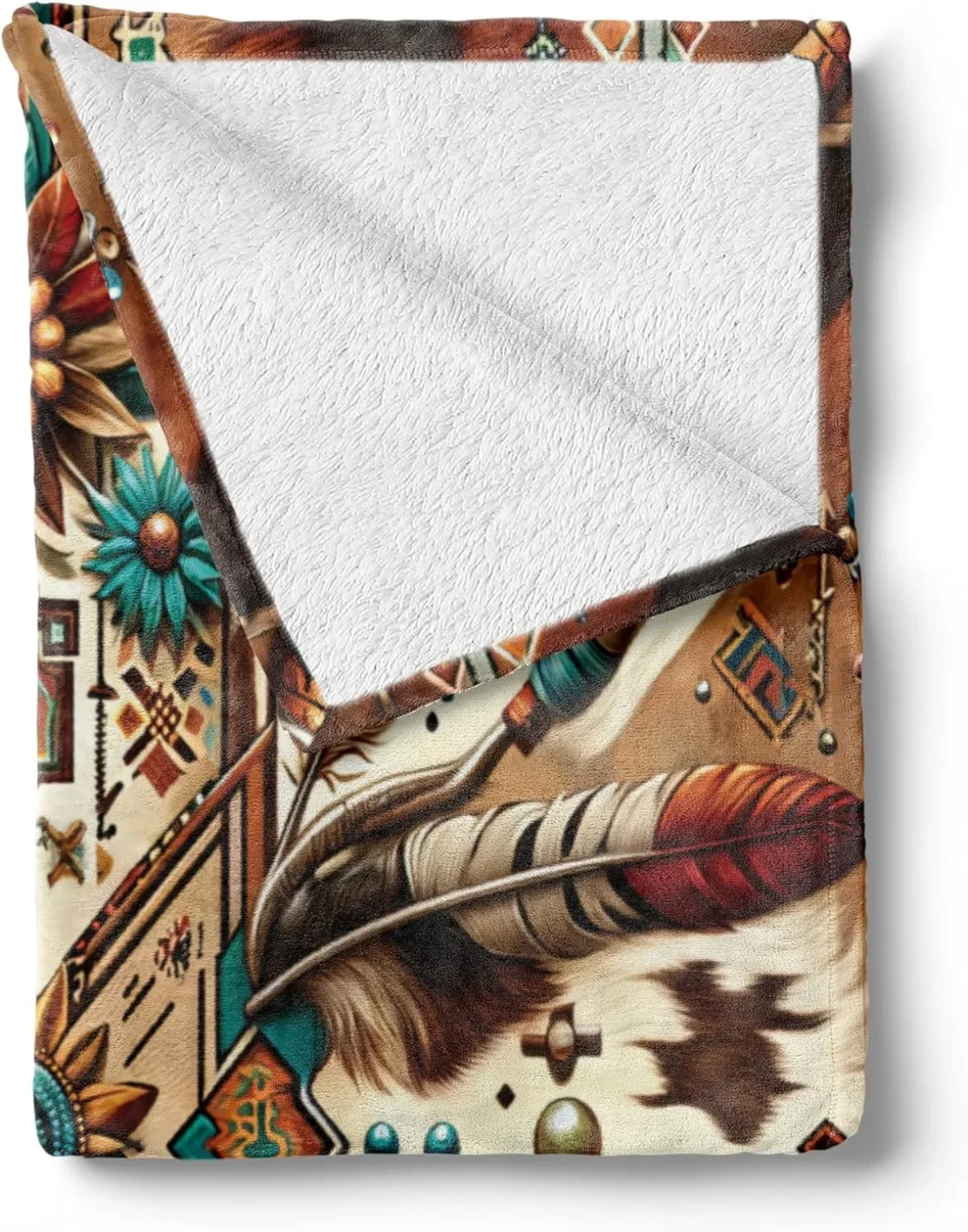 Ambesonne Rustic Throw Blanket, Aztec Inspired Design with Feathers and Ethnic Geometric Details,Cinnamon Redbrown and Teal