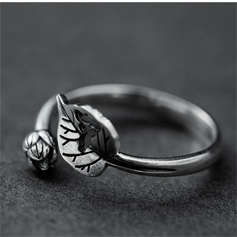 Personality Hollow Leaf Lotus Seedpod Pattern Ring Female Finger Accessories Retro S925 Silver Ring For Women Jewelry Adjustable