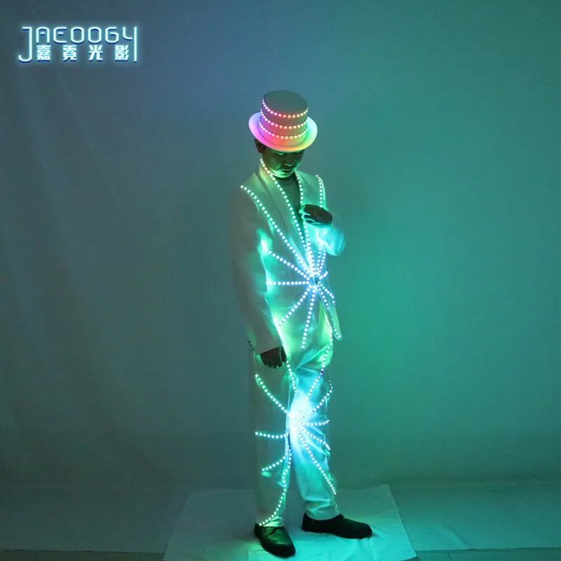 LED Suit Men Stage Costume Luminous Light up Carnival Rave Outfit Tron Dance Wear Circus Nightclub DJ Magician Top Pants Hat