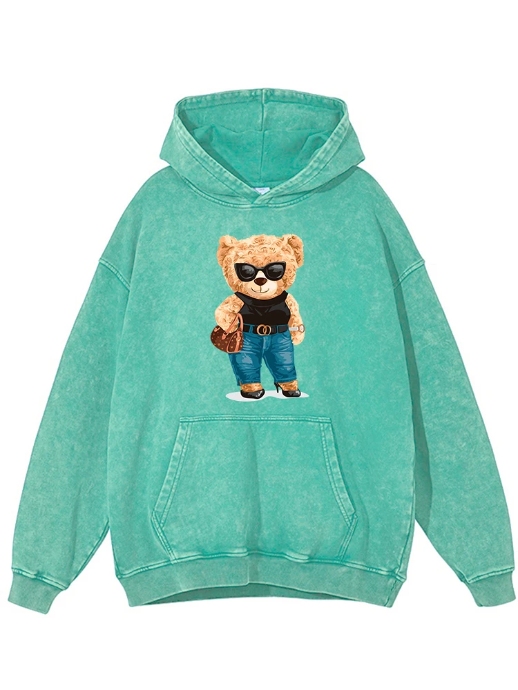 

Tide Cute Little Bear Printed Women Distressed Washed Hoody Cottton Soft Hoodie Fashion Warm Hoodies Retro Autumn O-Neck Clothes