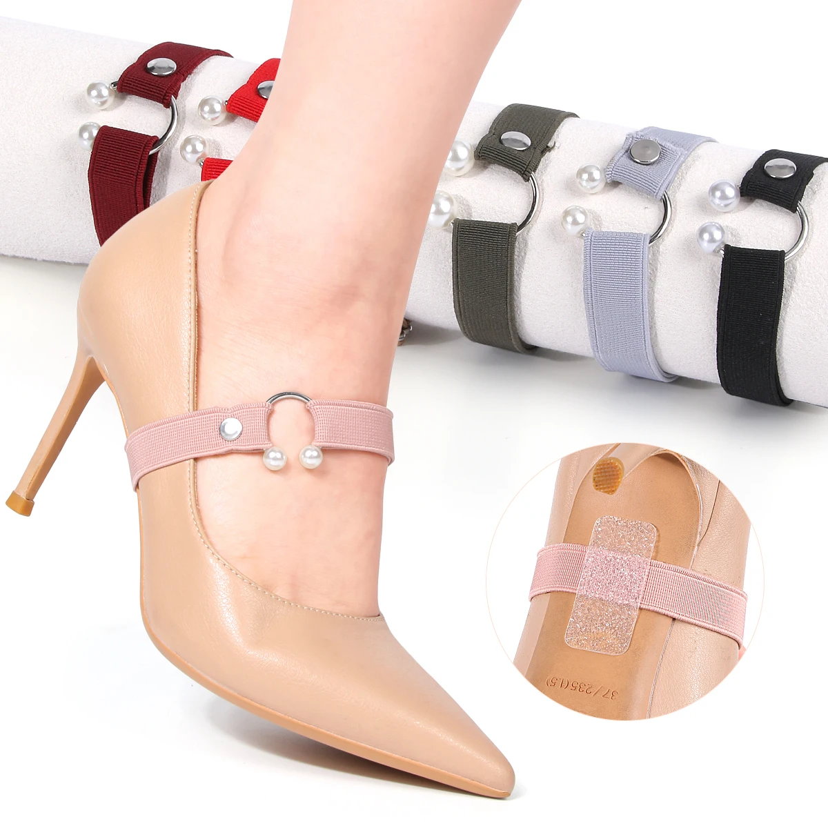 Damen High-Heel-Anti-Rutsch-Schuhriemen, Verstellbare Elastische U-förmige Perlenriemen – Detail 7