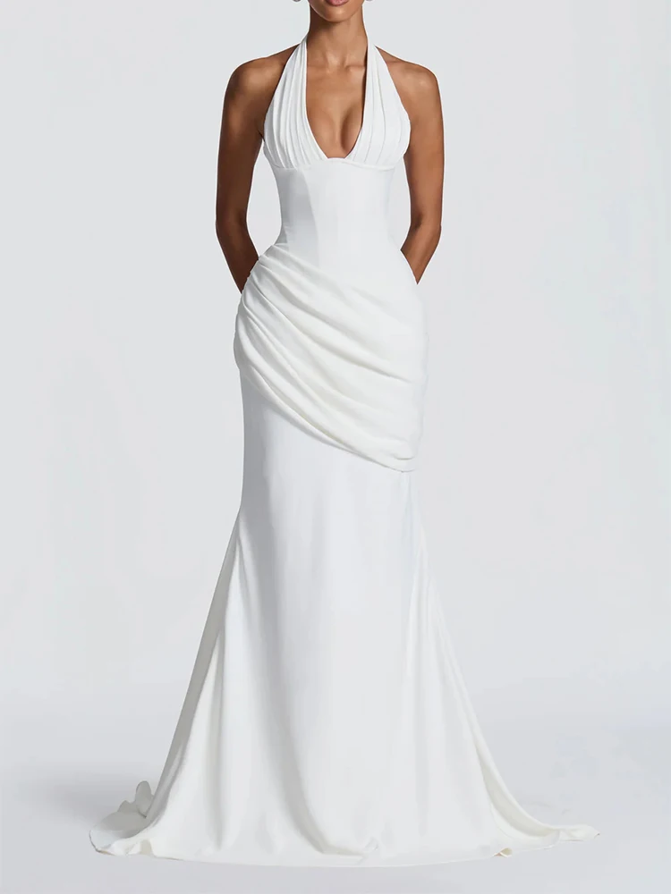 Elegant High-End Banquet Dress Solid Color Simple Advanced Deep V-Neck Halter Long Skirt Fashion Ins Style 2026 New Arrival
