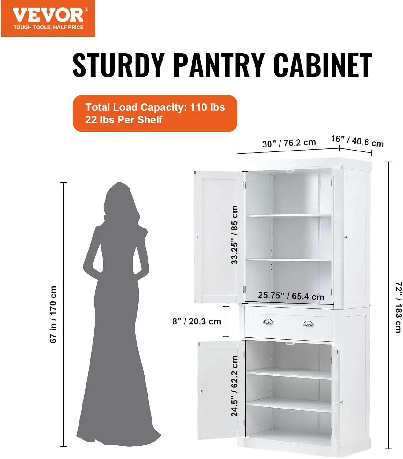 72" Kitchen Pantry Storage Cabinet, Freestanding Utility Cabinets with Doors, Drawer and 3 Adjustable Shelves, Tall Food Buffet