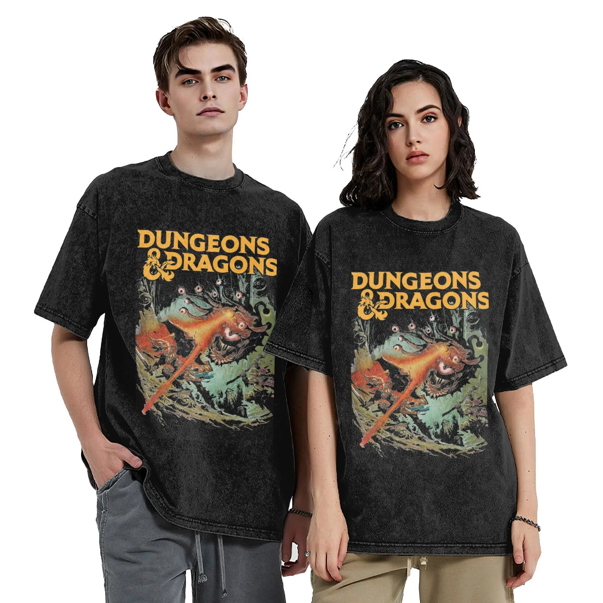 Retro Vintage Dungeon And Dragon Vintage Washed T Shirt Men Round Neck Short Sleeve Tops Cotton Summer Top Tee