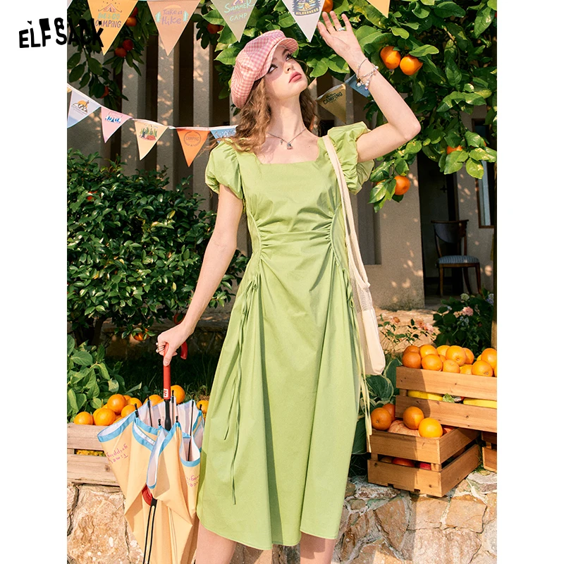 ELFSACK 2024 summer new arrival Green French Square Neck Waisted Temperament Plaid Puff Sleeve Dress for women