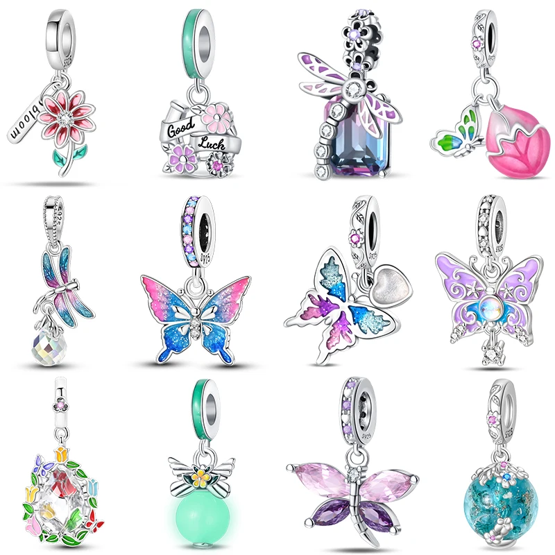 Spring Series Charms 925 Sterling Silver Butterfly Dragonfly Pink Daisy Pendant Beads Fit Pandora Original Bracelets DIY Jewelry