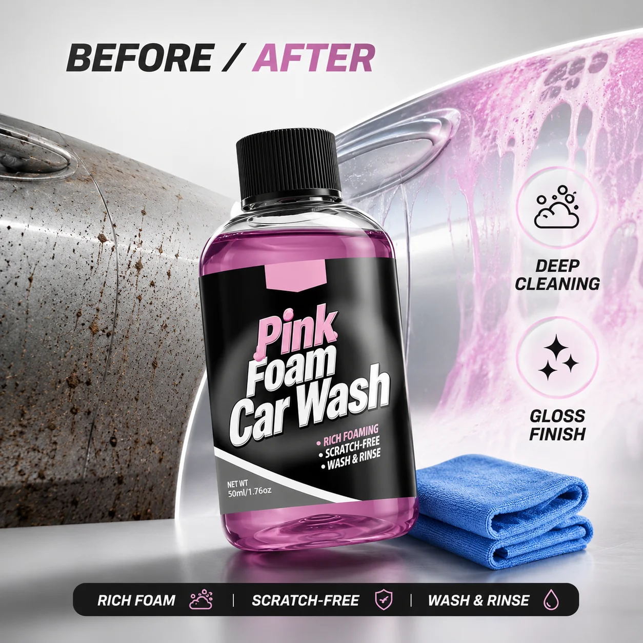 Foam Cannon Car Wash - สบู่ล้างรถแบบโฟมสีชมพูหลากสี ไม่ต้องขัด ฟองโฟมหนานุ่ม สำหรับปืนฉีดโฟม ถังน้ำ รถบรรทุก