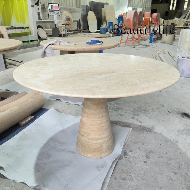 AAMedieval Style Natural Marble Dining Table Hotel Round Cone Travertine Italian Style
