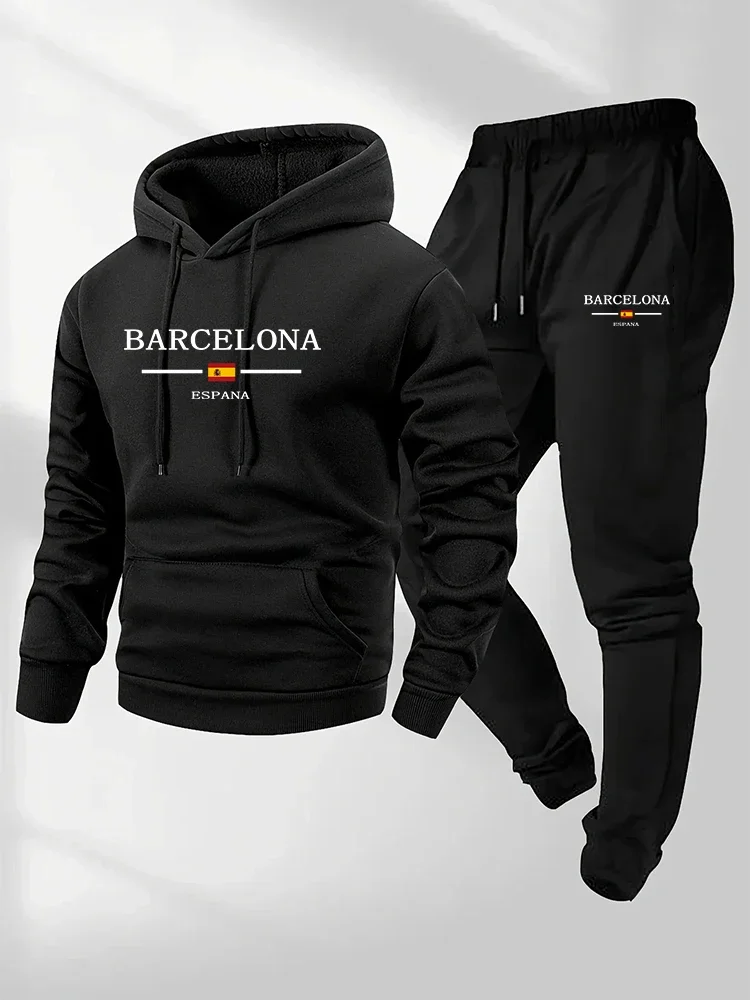 Conjunto de 2 piezas de ropa deportiva para hombre: sudaderas con capucha y pantalones de chándal estampados, ideales para gimnasio, deportes al aire libre, correr y fitness en otoño e invierno.