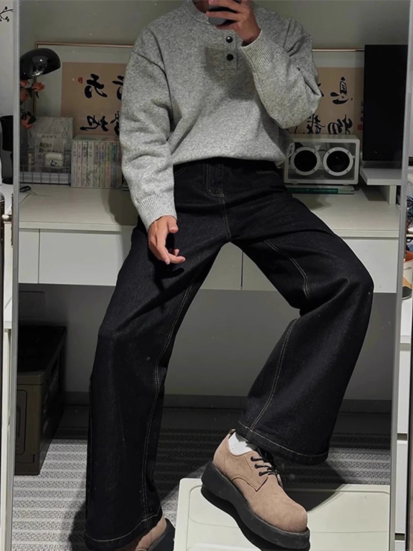 

Мужские джинсы American Sle свободного кроя с широкими штанинами, повседневные, осенне-зимние, модные, прямого кроя, прочные, в стиле High Street