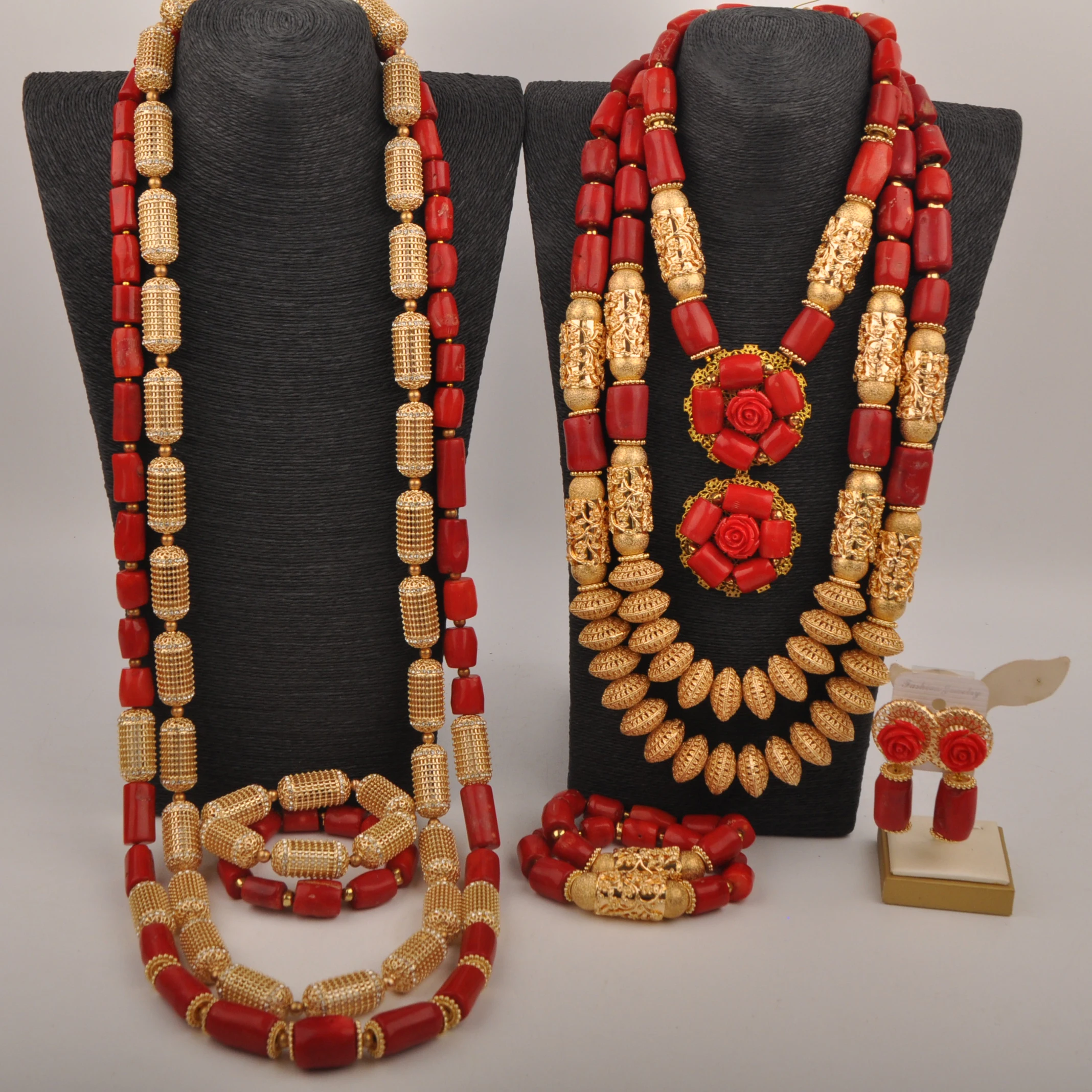 

Nigerian Wedding Set Red Real Coral Bead Necklace Couple Jewellery