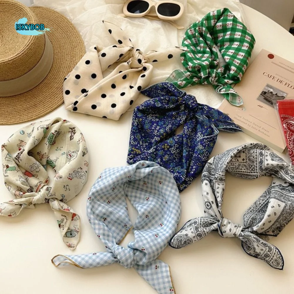 

Retro Cashew Small Square Scarf Flower Cherry Cotton Linen Print Scarves Korean Headband Printed Silk Scarf Beach