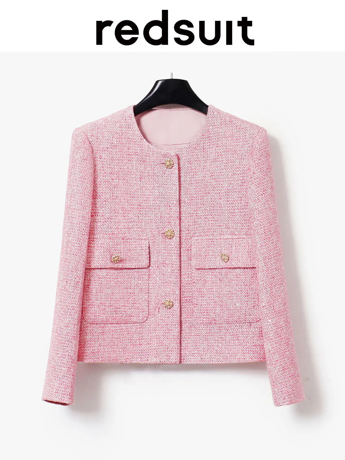 New Exquisite heavy industry pink gold wire sequin woven coarse tweed round neck jacket top   Custom size