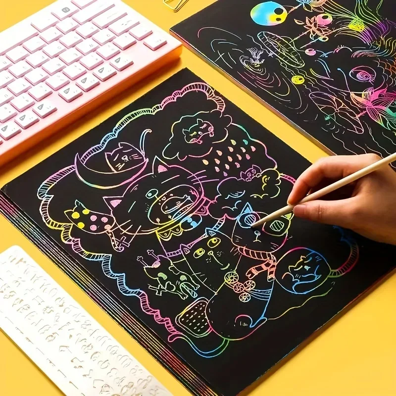 50 Pcs Kids Rainbow Magic Scratch Paper Art Craft Kit with Stencils Scratch off Black Note Drawing Pads for Creative Play