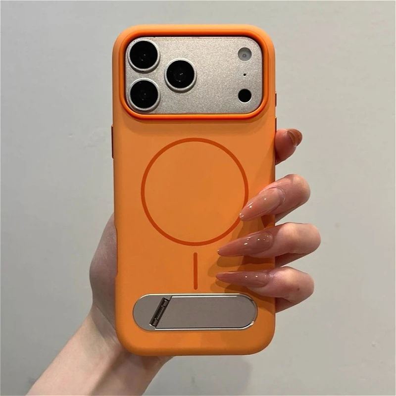 

HOCE Metal Fold Stand Magnetic Case For iPhone 17 16 15 14 13 12 Pro Max Wireless Charging Shockproof Soft Bumper Hard PC Cover