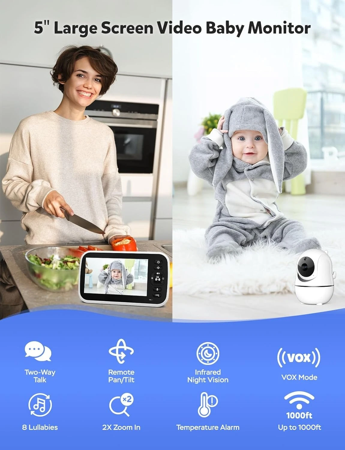 

Радионяня с камерой и аудио — без Wi-Fi, удаленный панорамирование, наклон-зум, ночное видение, датчик температуры, двусторонний разговор, 8 колыбельных