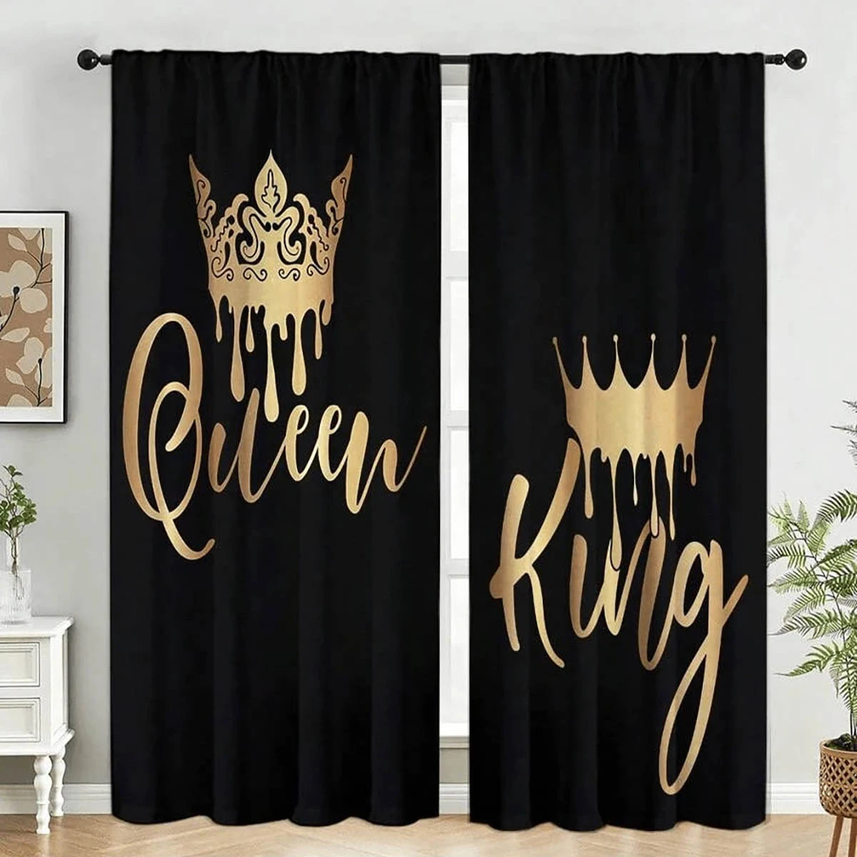 2 Pieces, King And Queen Letter Print Curtains, 100% Polyester, Suitable For Kitchen, Living Room, And Bedroom Decoration.
