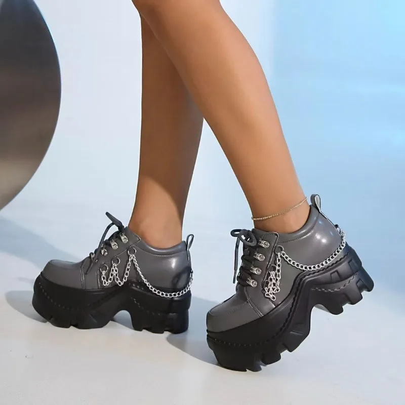 

pink Lace-Up Loafers Shoes for Women Middle heeled All-Match Round Toe Platform Shoes of Woman Non-Slip PU Women's Shoes